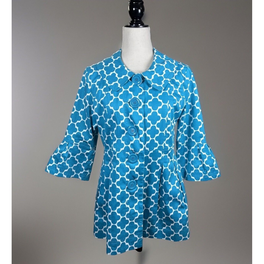 Mod Coat S Blue Quatrefoil Geometric Babydoll Ruffle‎ Sleeve Peplum MCM Retro